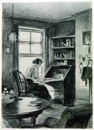 A woman undergraduate working in her study room at Somerville College.jpg